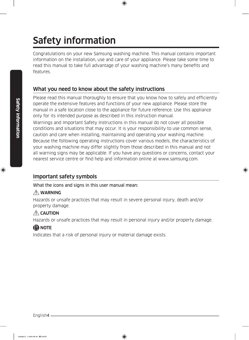 Page 1 de la notice Guide d'installation Samsung WW90K5410UW