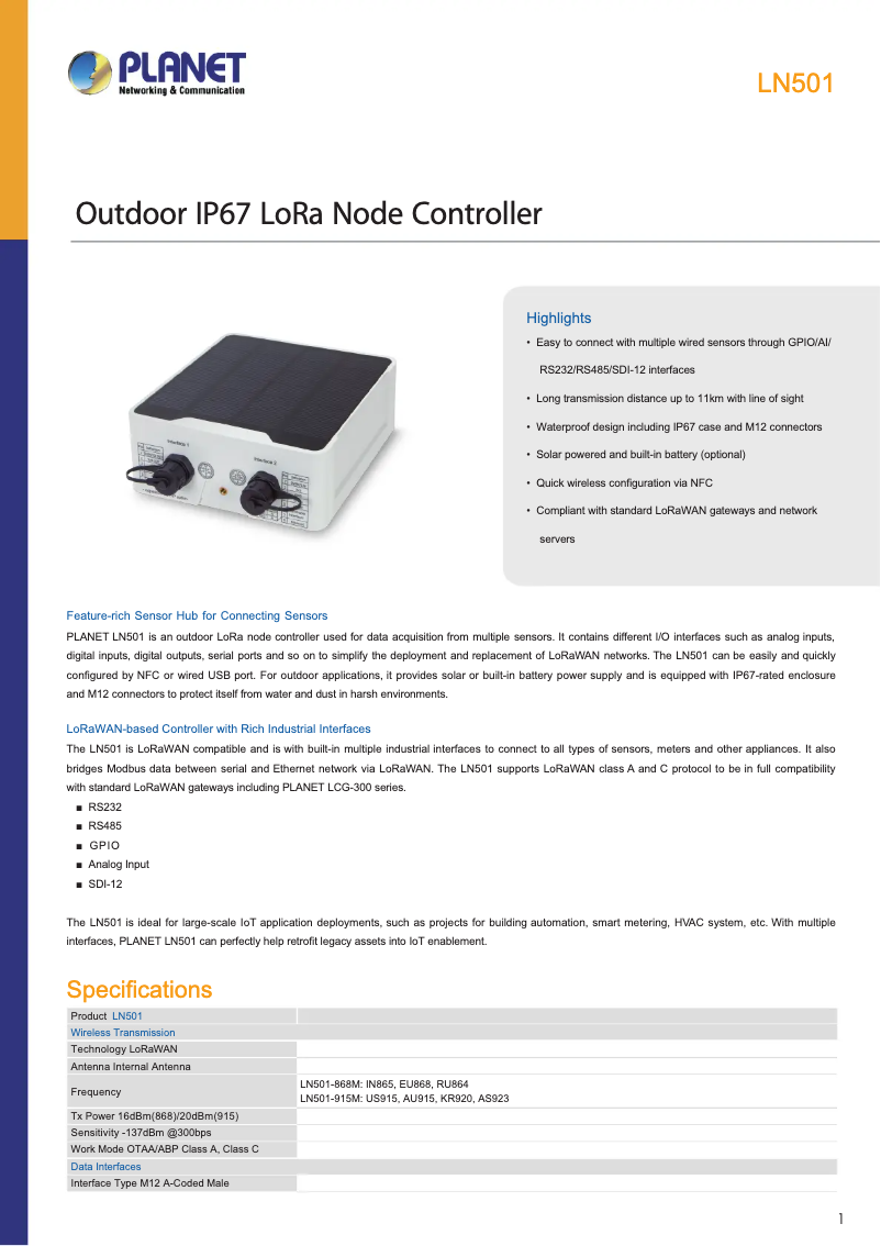 Page 1 de la notice Fiche technique Planet LN501