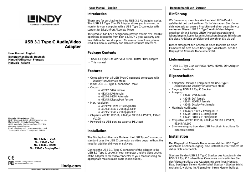 Page 1 de la notice Manuel utilisateur Lindy 43242