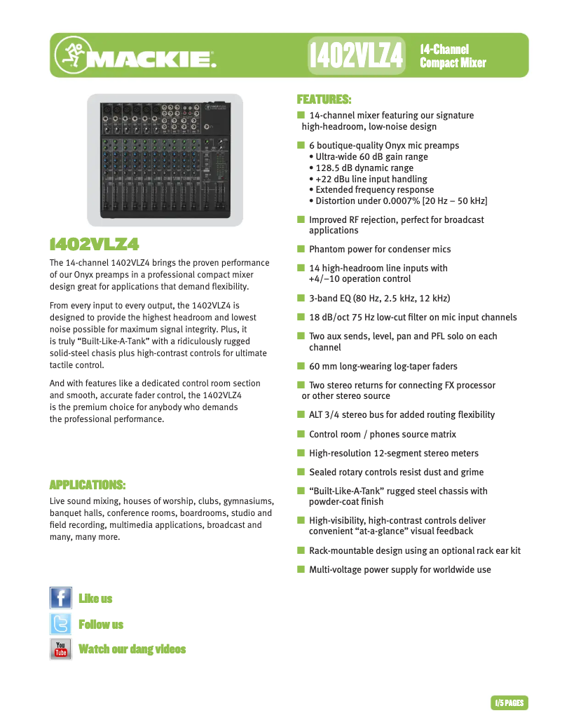 Page 1 de la notice Fiche technique Mackie 1402VLZ4