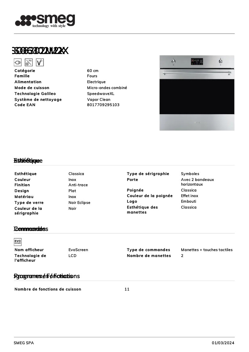 Page 1 de la notice Fiche technique Smeg SO6302M2X