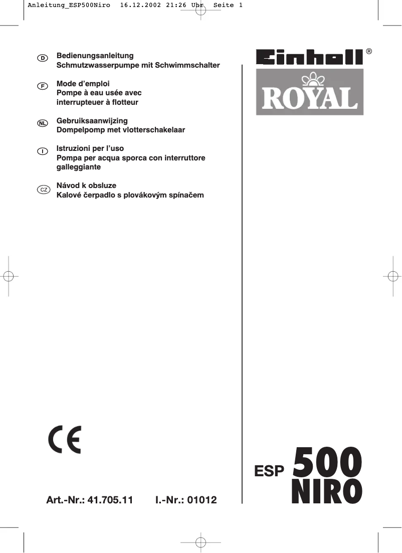 Page 1 de la notice Manuel utilisateur Einhell Royal ESP 500 Niro