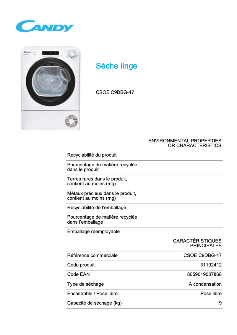 Page 1 de la notice Fiche technique Candy CSOE C9DBG-47