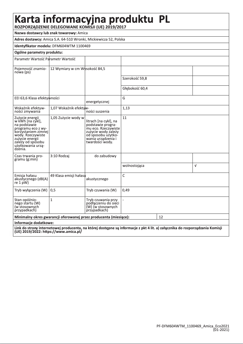 Page 1 de la notice Manuel utilisateur Amica DFM604WTM