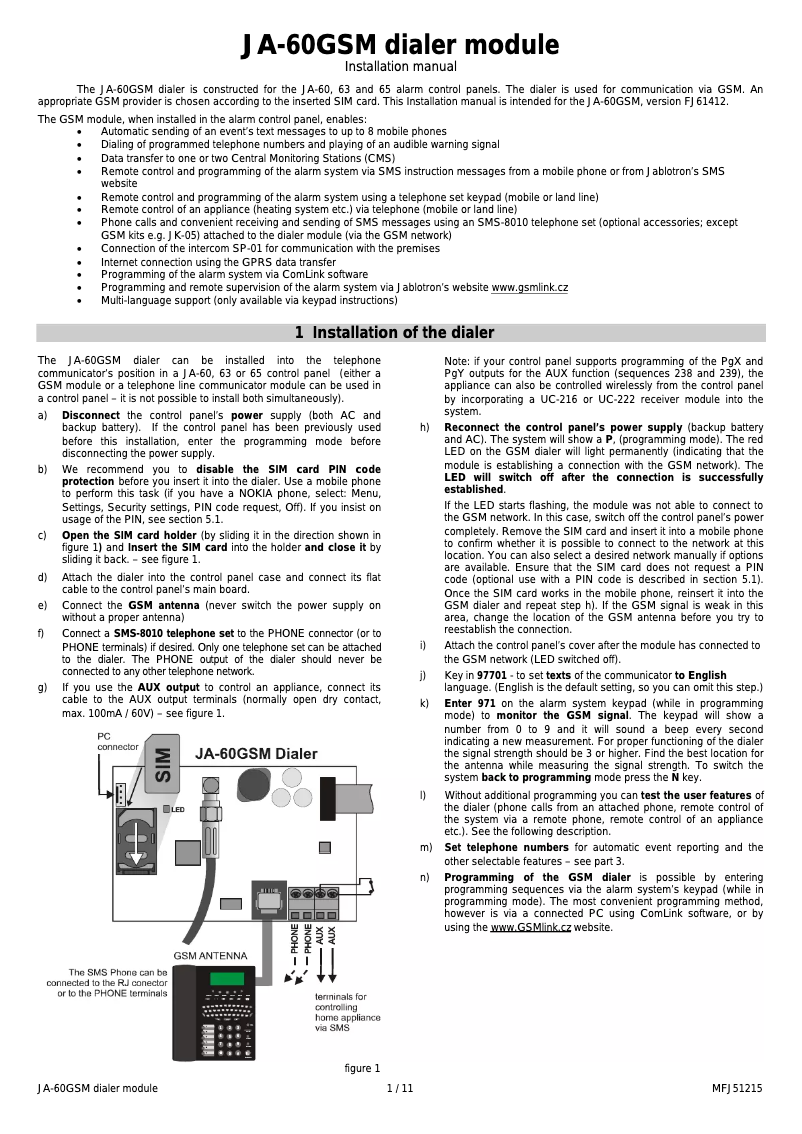 Page 1 de la notice Manuel utilisateur Joblotron JA-60GSM
