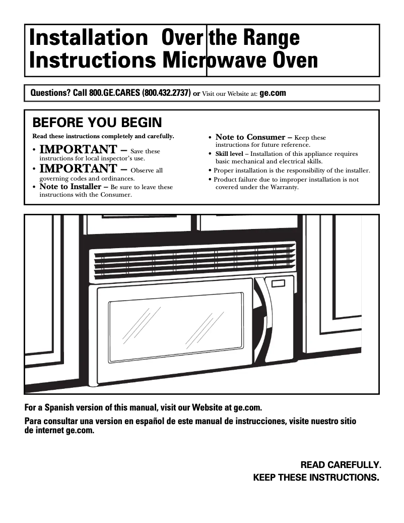 Page 1 de la notice Guide d'installation GE JVM2050WH