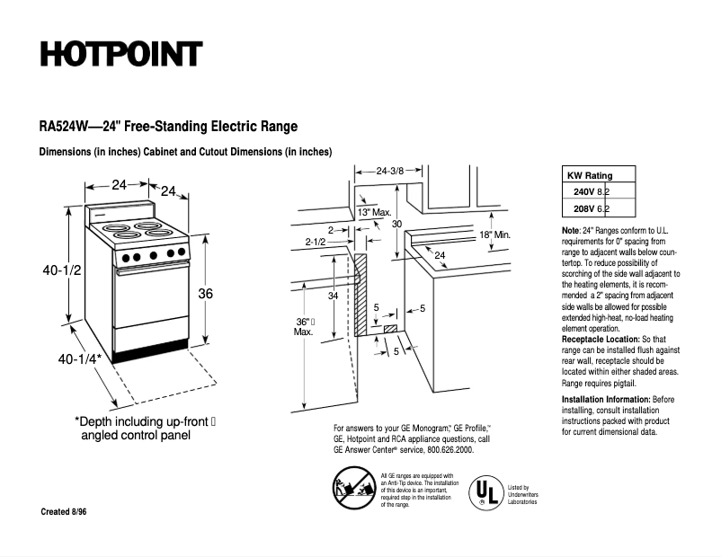 Page 1 de la notice Fiche technique Hotpoint RA524WWH