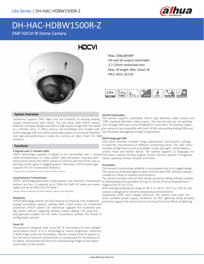 Page 1 de la notice Fiche technique Dahua Technology HAC-HDBW1500R-Z