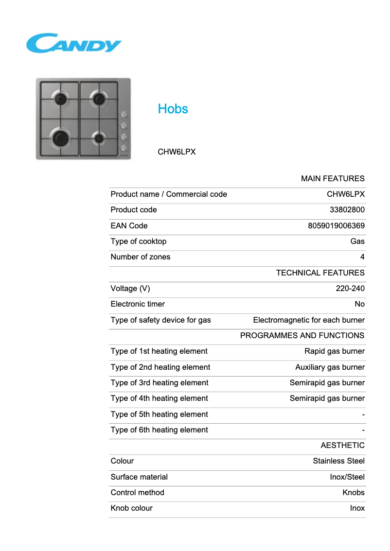 Page 1 de la notice Fiche technique Candy CHW6LPX