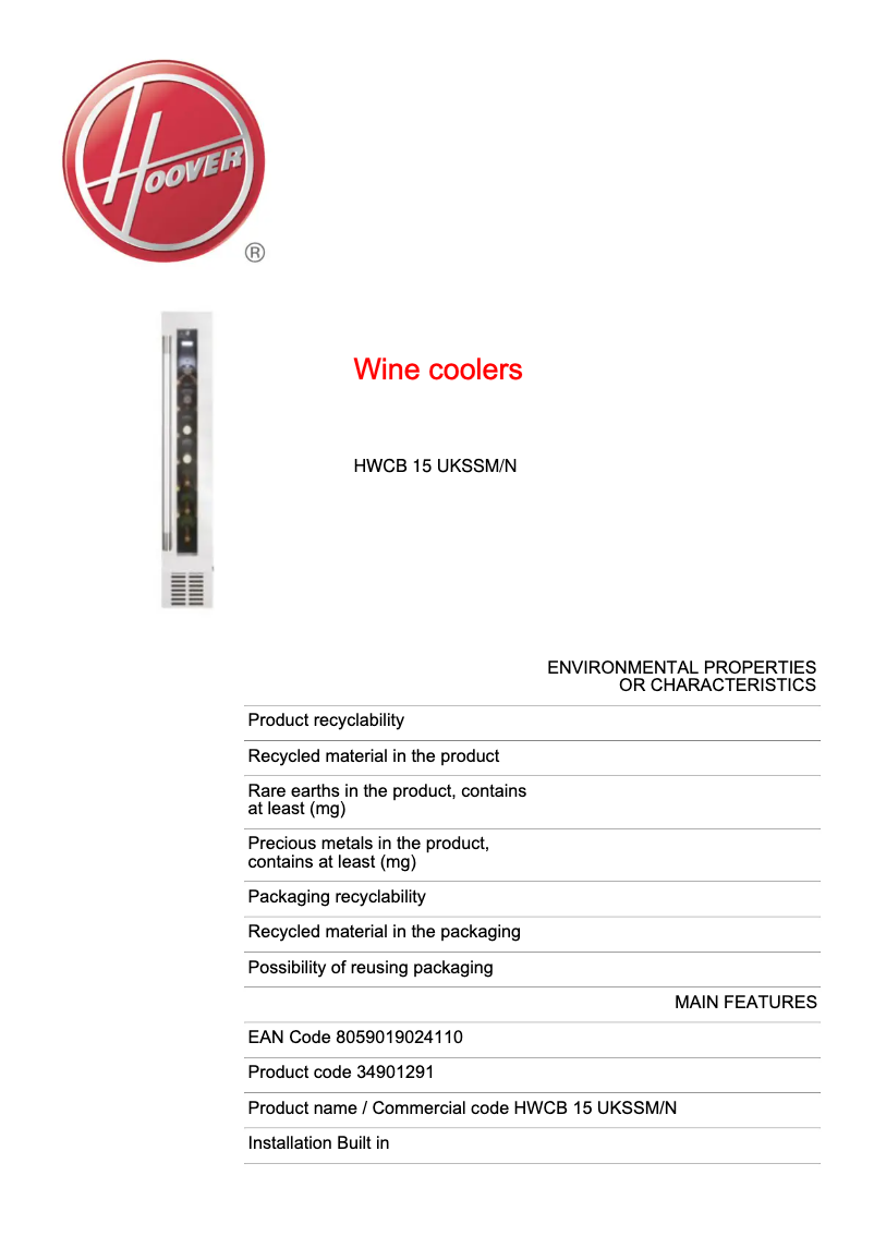 Página 1 del manual Ficha técnica Hoover HWCB 15 UKSSM/N