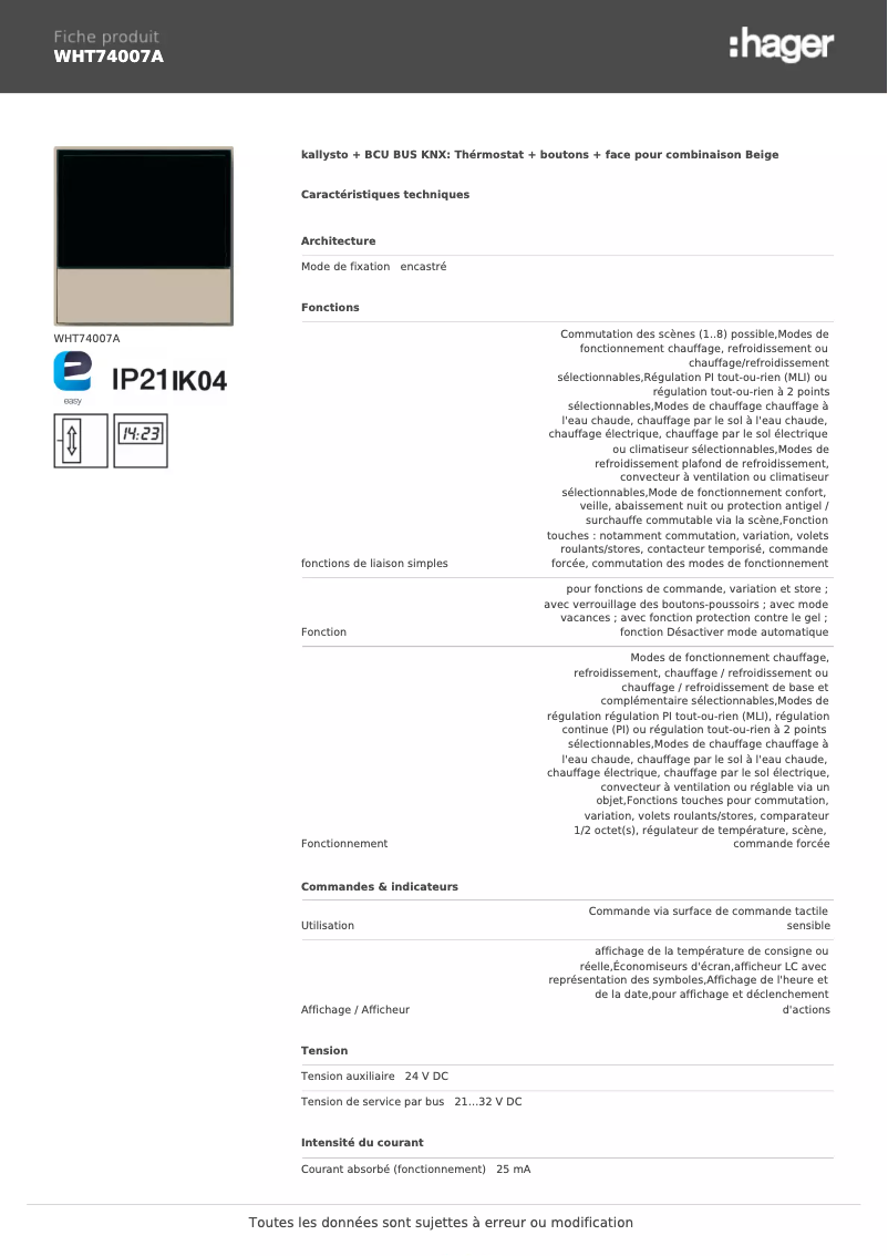 Página 1 del manual Ficha técnica Hager WHT74007A