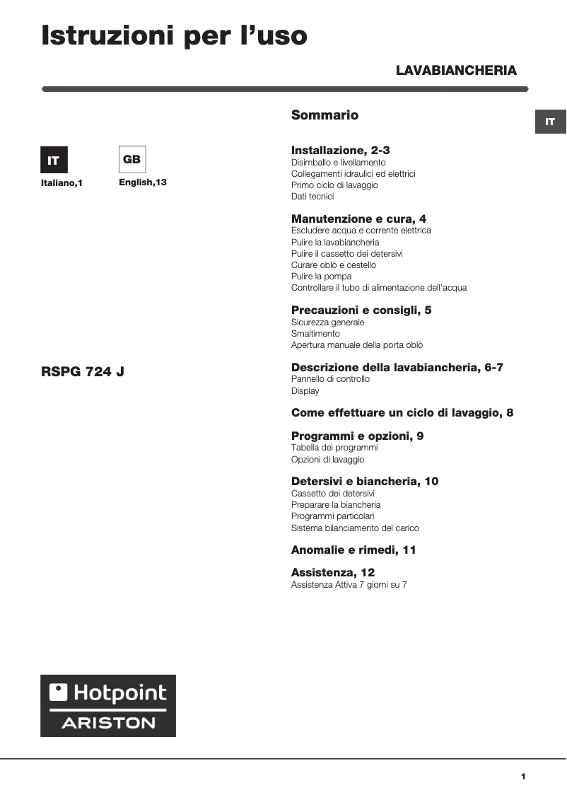 Page n°1 - Manuel utilisateur Hotpoint RSPG 724 JX IT