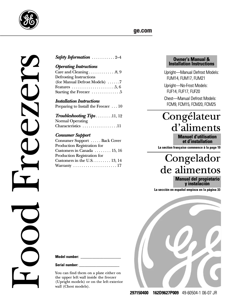 Page n°1 - Manuel d'utilisation et d'entretien GE FCM9HDPWH