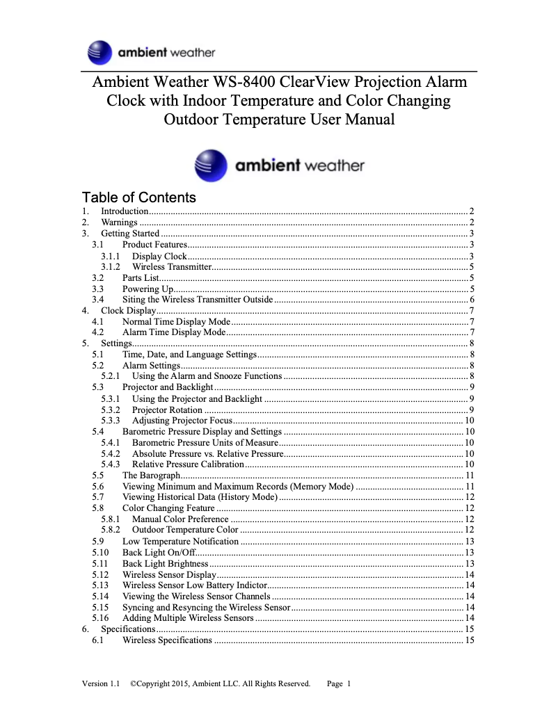Page 1 de la notice Manuel utilisateur Ambient Weather WS-8400