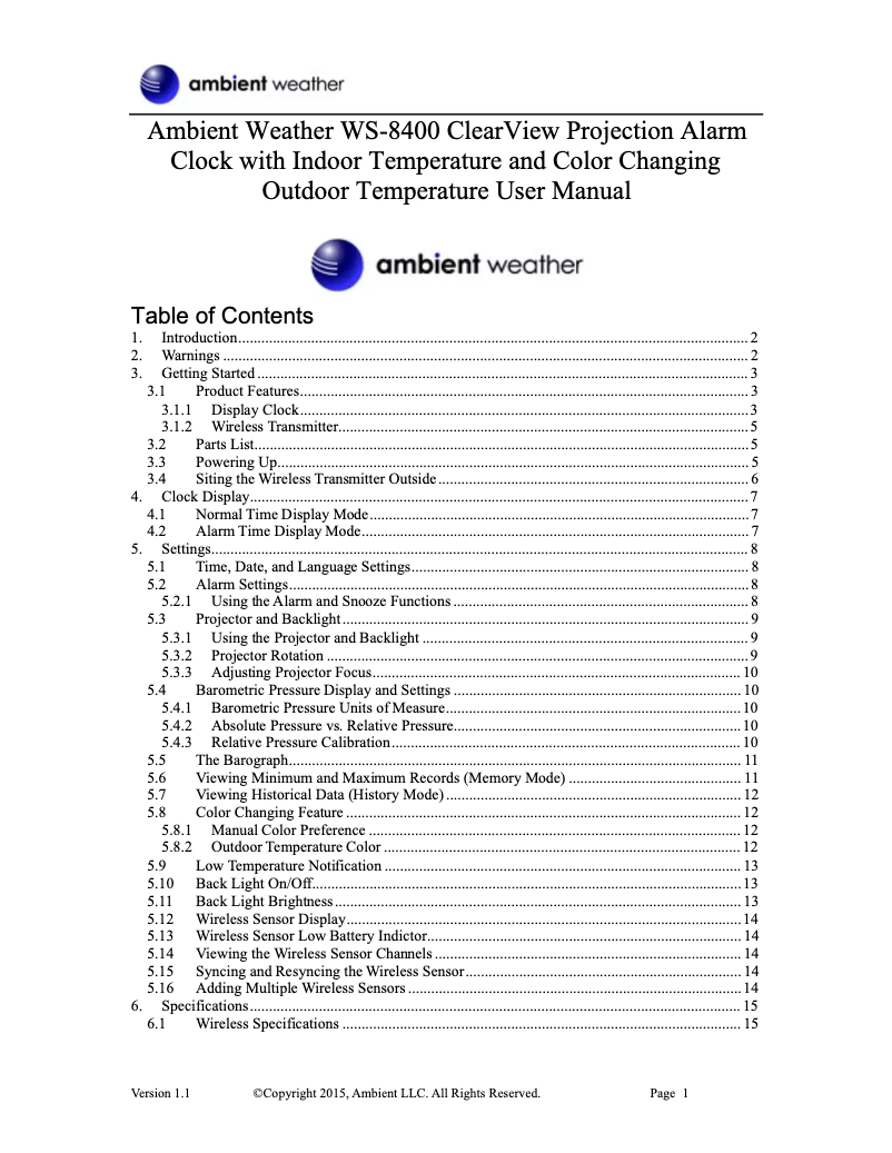 Page n°1 - Manuel utilisateur Ambient Weather WS-8400