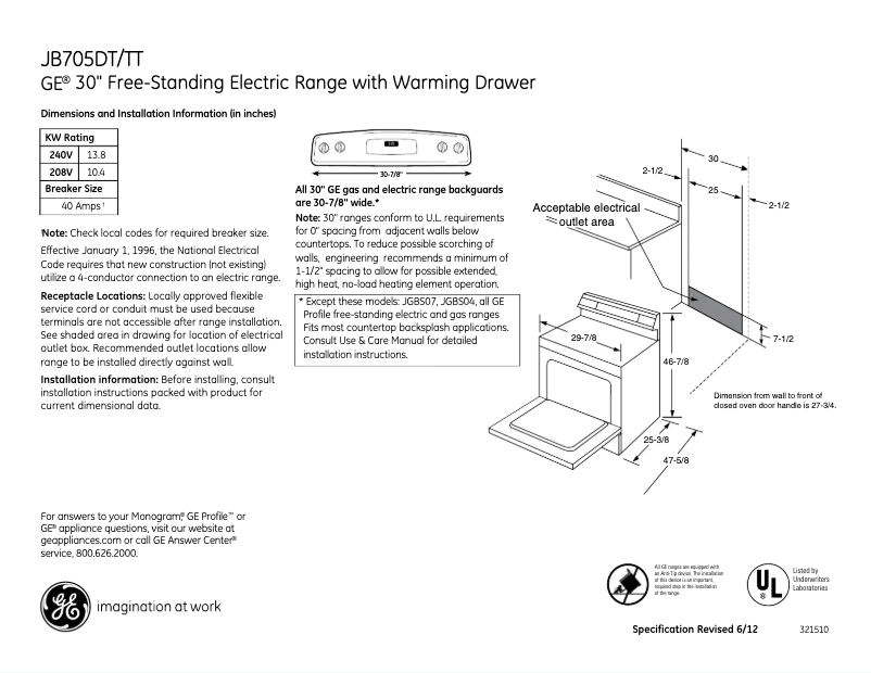 Page 1 de la notice Fiche technique GE JB705TTCC