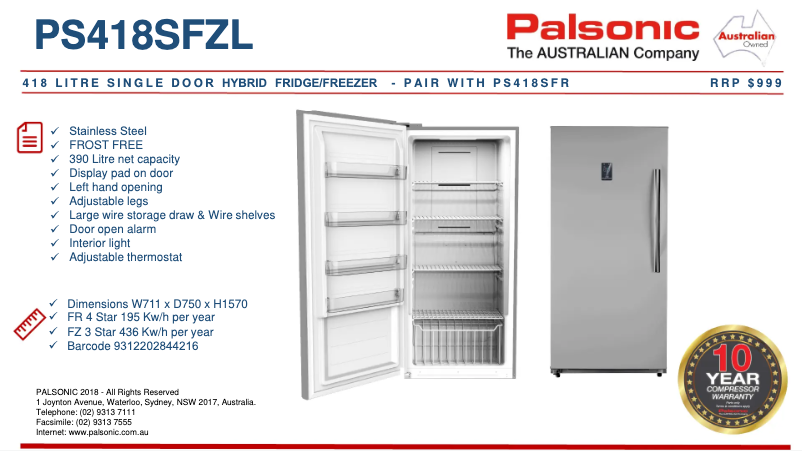 Page 1 de la notice Fiche technique Palsonic PS418SFZL