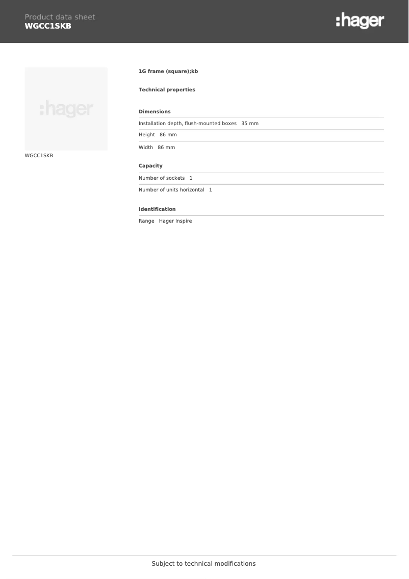 Page n°1 - Fiche technique Hager WGCC1SKB
