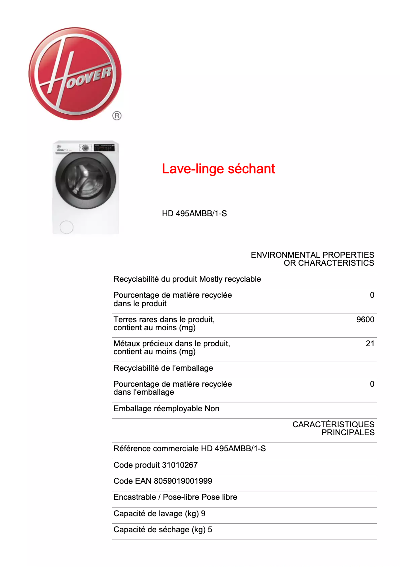 Page 1 de la notice Fiche technique Hoover H-WASH&DRY 500 HD 495AMBB/1-S