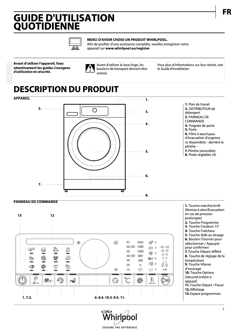 Page 1 de la notice Manuel utilisateur Whirlpool FSCR80420