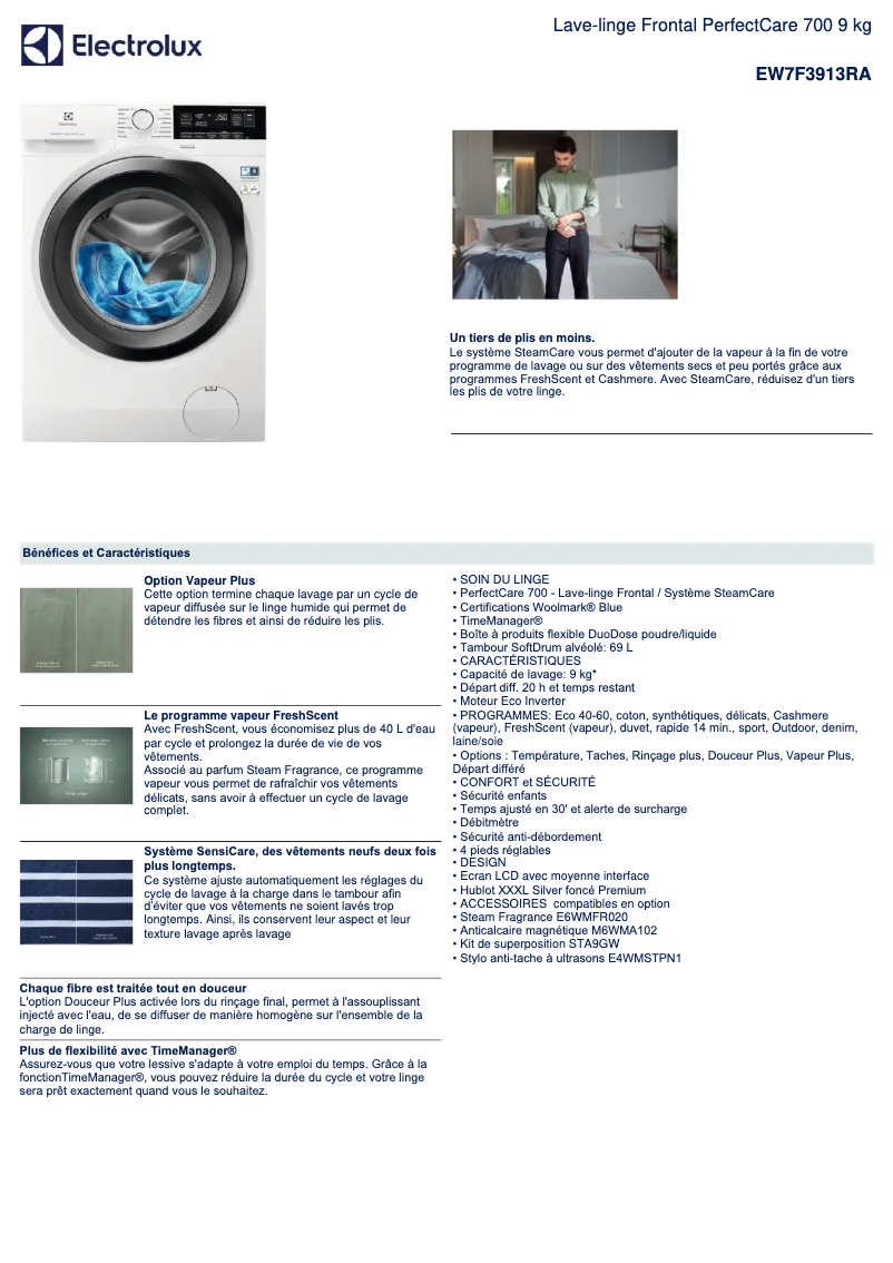 Page 1 de la notice Fiche technique Electrolux EW7F3913RA