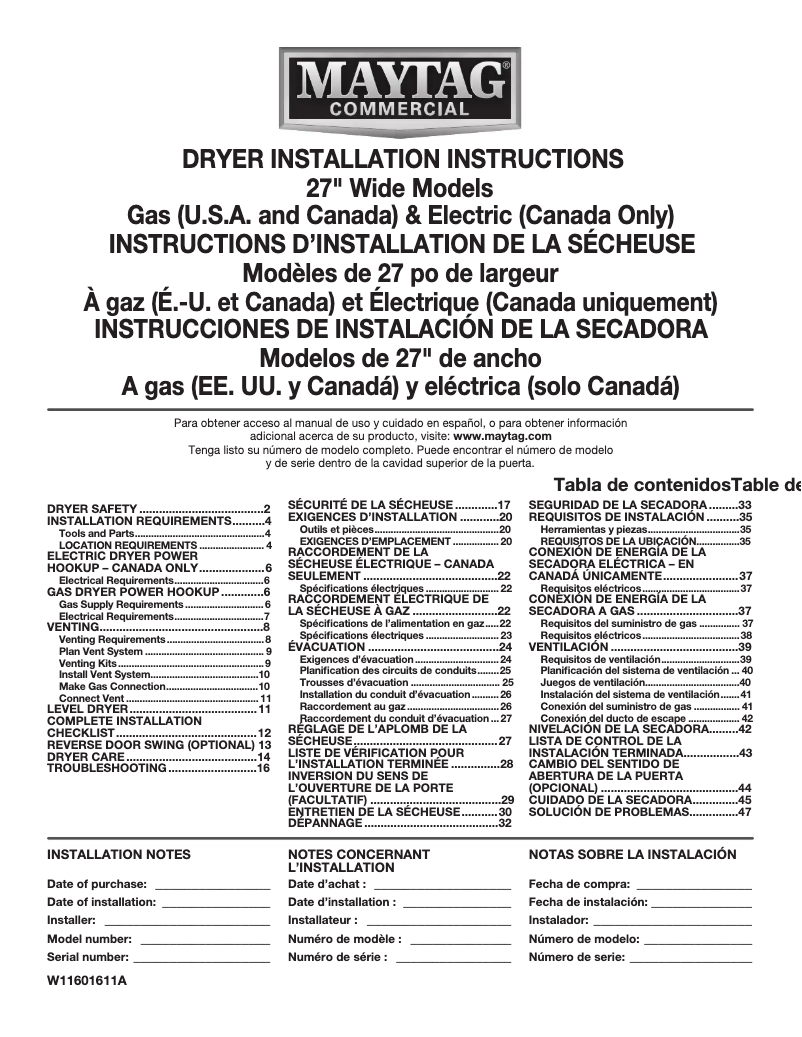 Page n°1 - Guide d'installation Maytag MEDP586KW