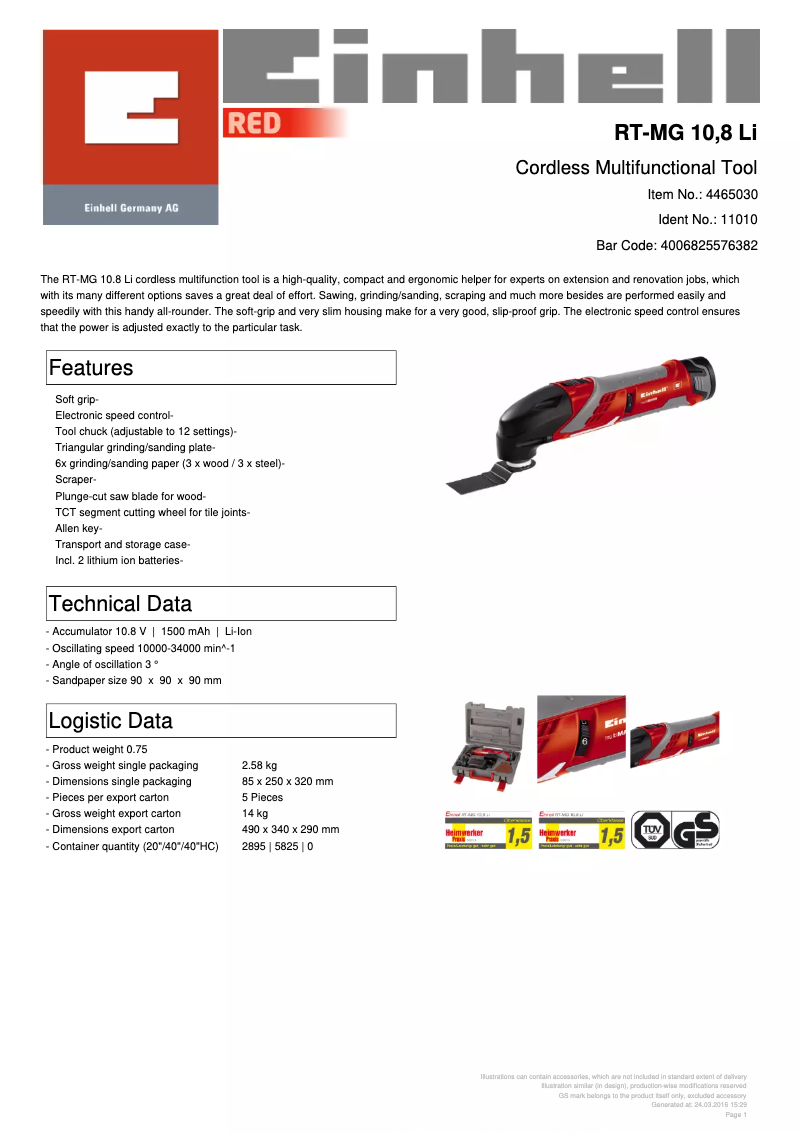 Page 1 de la notice Fiche technique Einhell RT-MG 10,8 LI