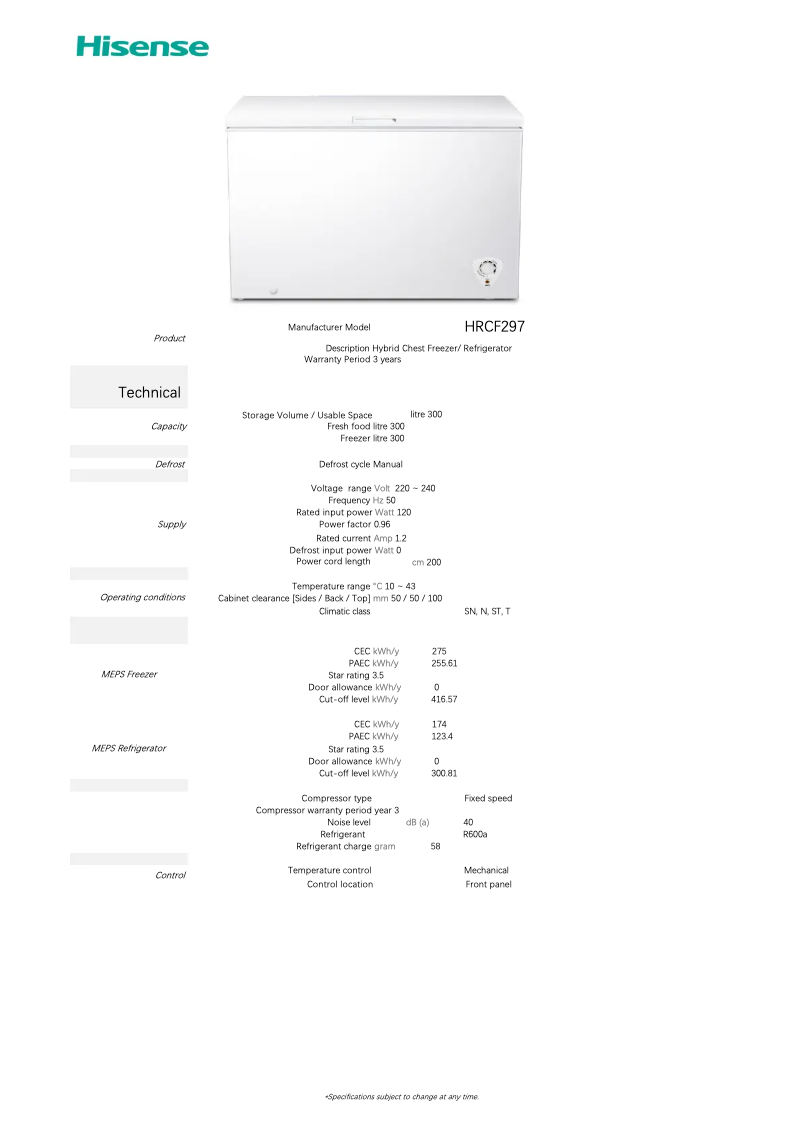 Page 1 of the manual Technical Sheet Hisense HRCF297