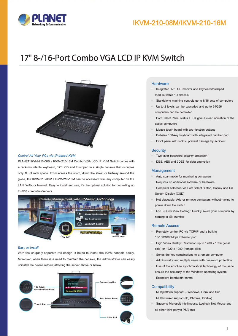 Page 1 de la notice Fiche technique Planet IKVM-210-08M