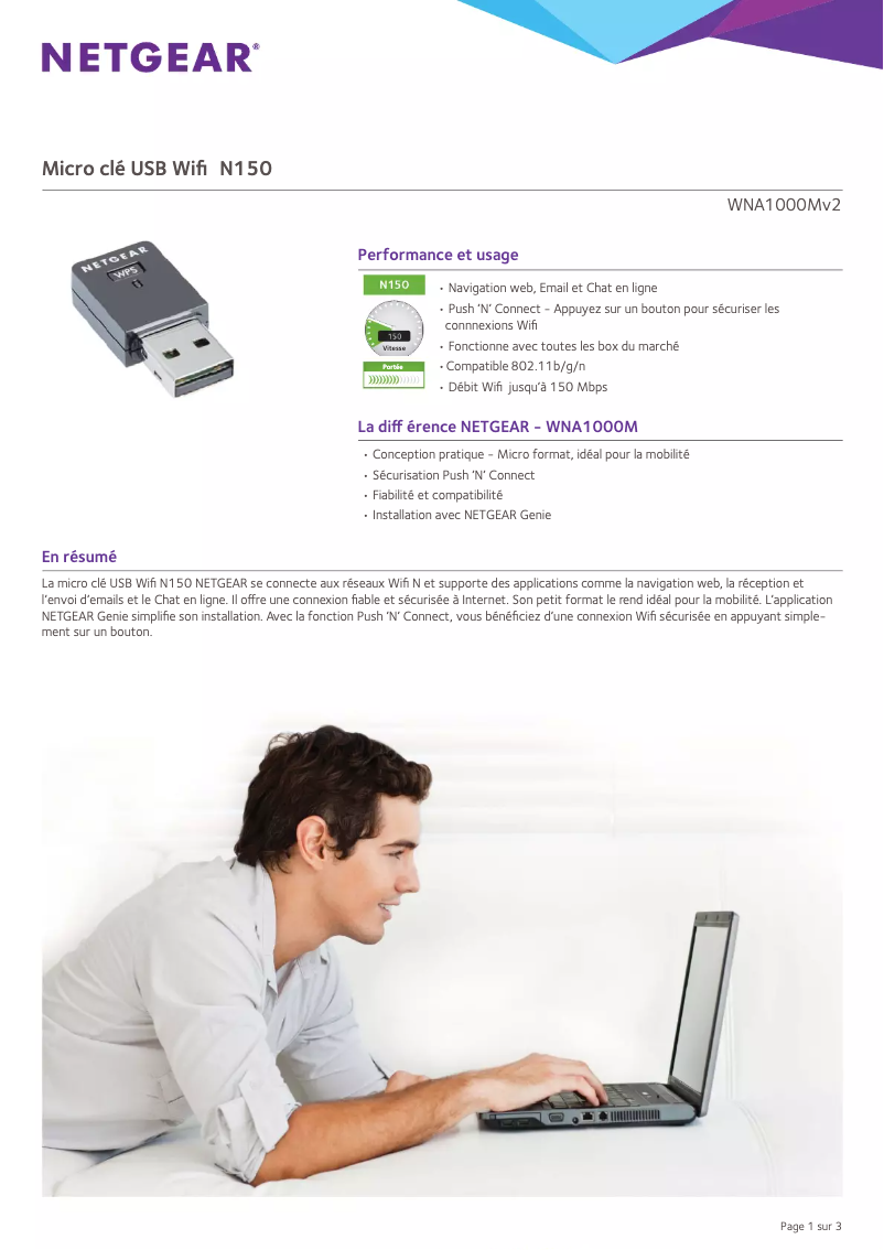 Page 1 de la notice Fiche technique Netgear WNA1000Mv2