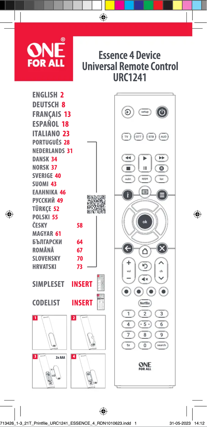 Image de la première page du manuel de l'appareil Essence 4 URC 1241
