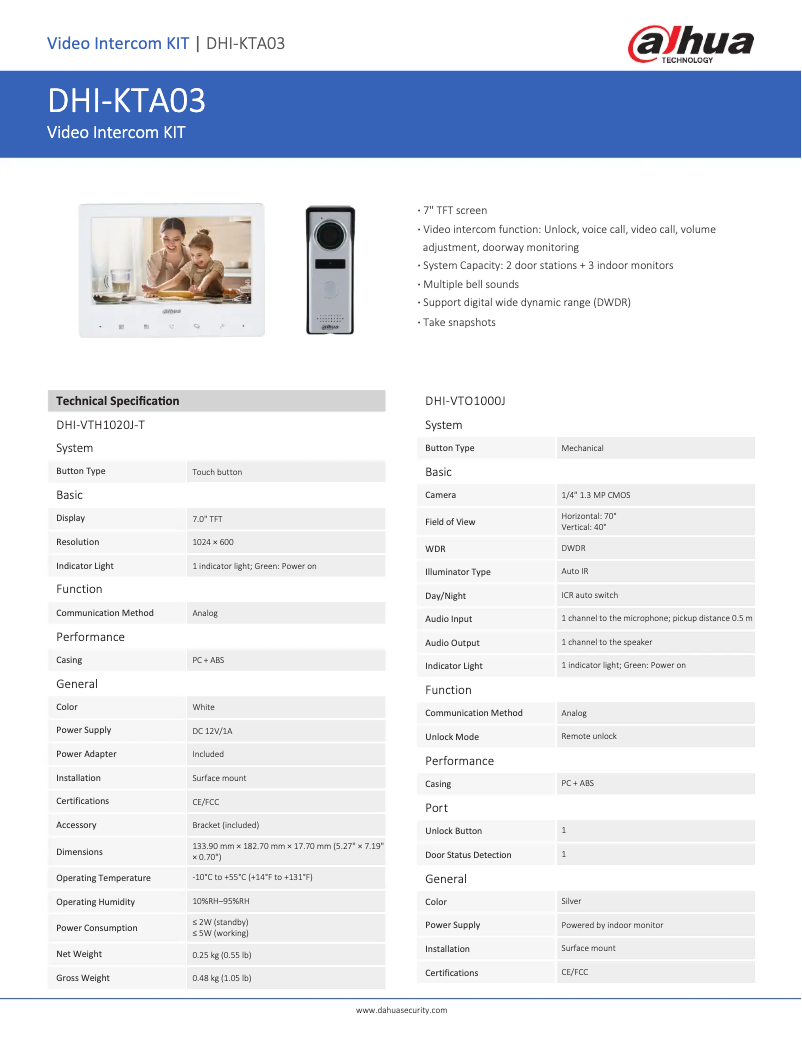 Page 1 de la notice Fiche technique Dahua Technology KTA03