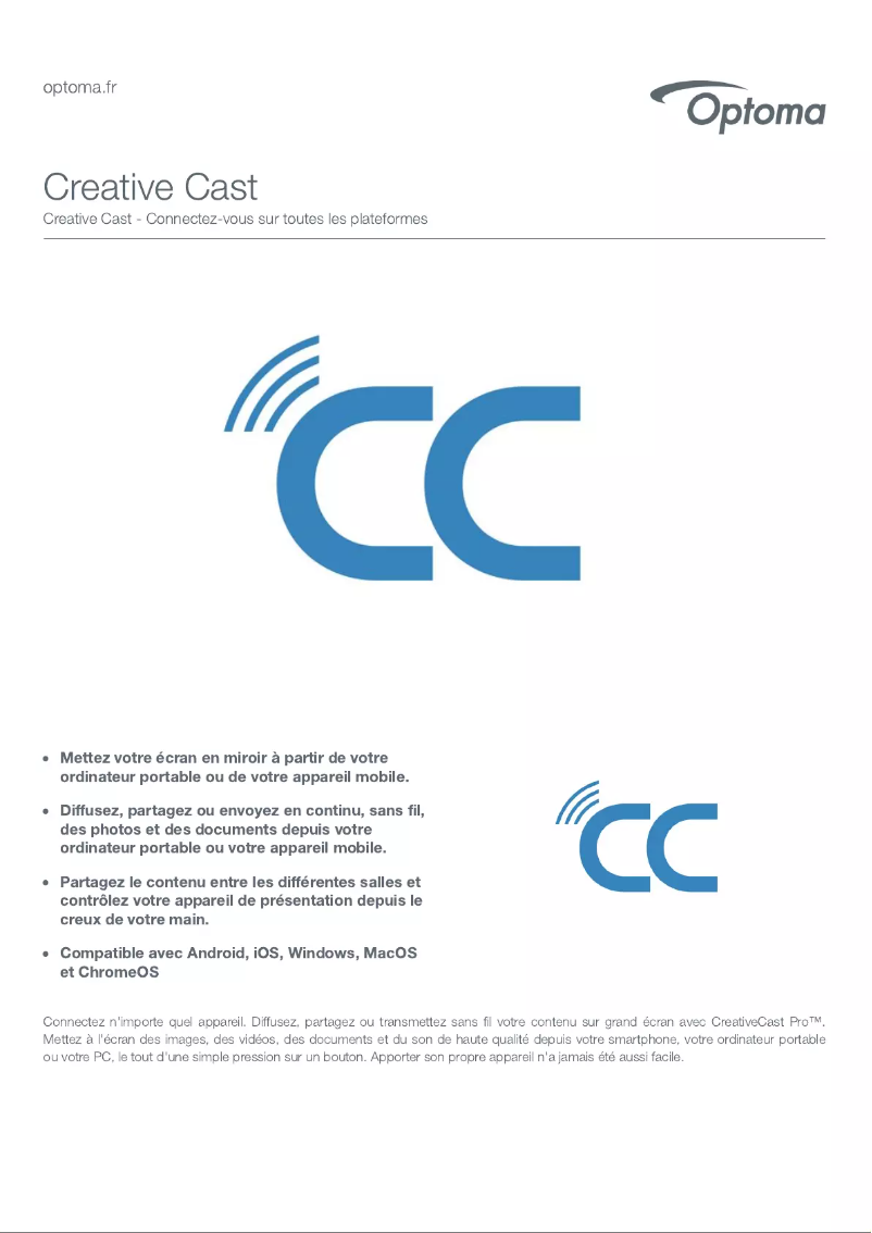 Page 1 de la notice Fiche technique Optoma Creative Cast