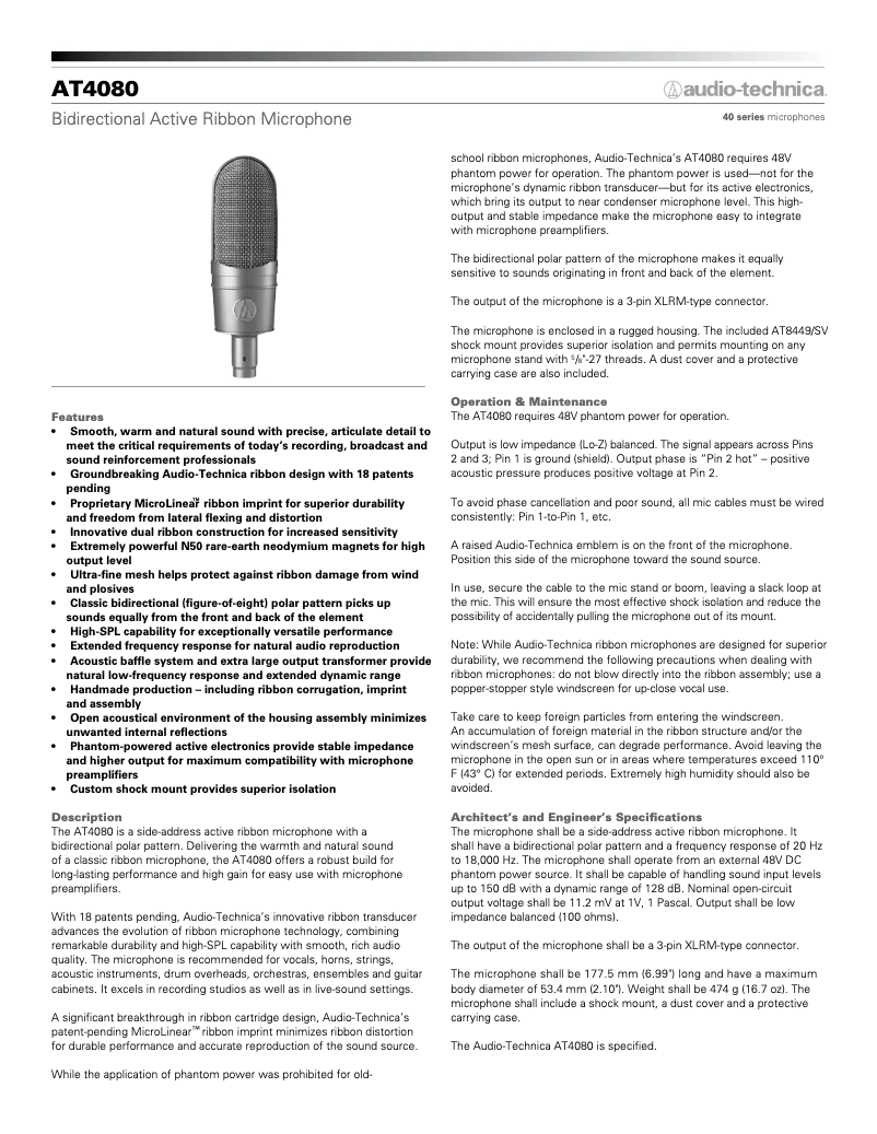 Page 1 de la notice Manuel utilisateur Audio-Technica AT4080