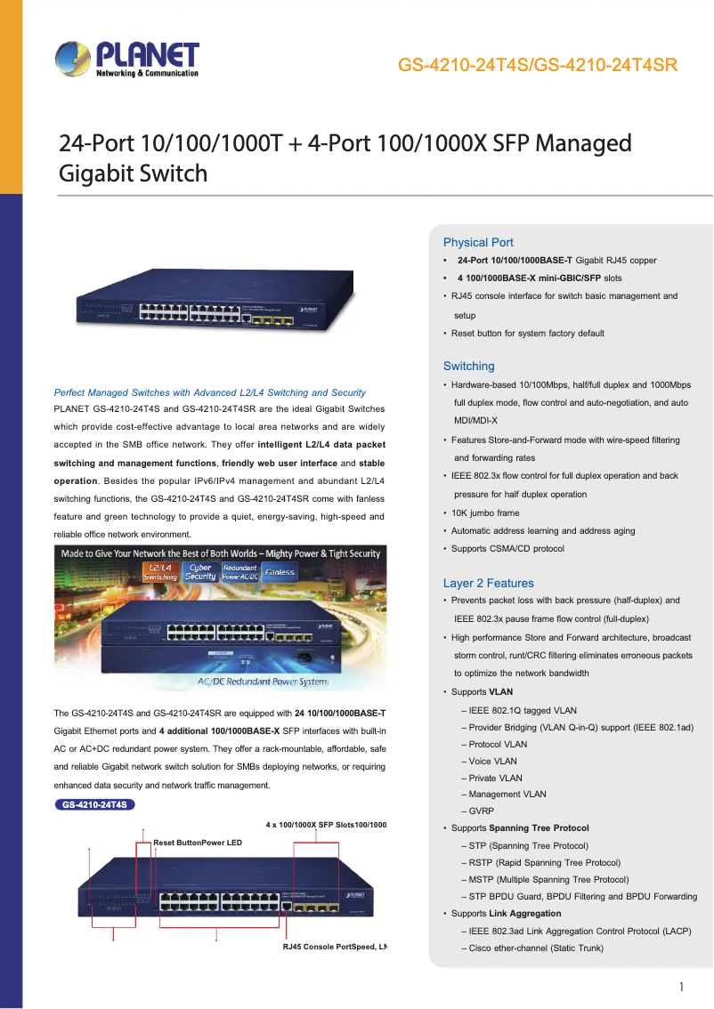 Page n°1 - Fiche technique Planet GS-4210-24T4SR