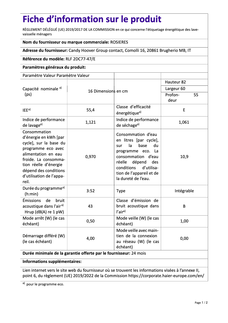 Page 1 de la notice Fiche technique Rosieres RLF 2DC77/E