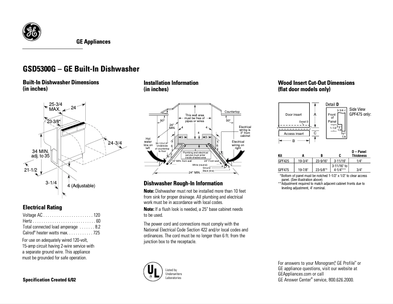 Page 1 de la notice Fiche technique GE GSD5300GBB