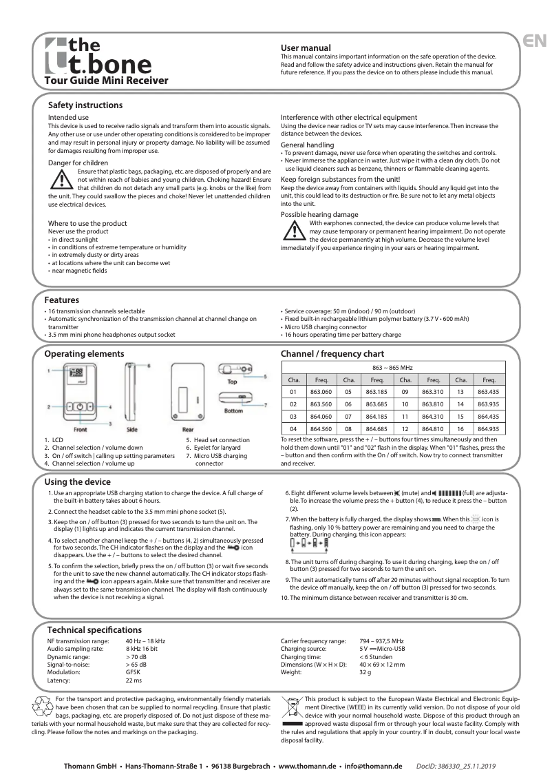 Page 1 de la notice Manuel utilisateur the t.bone Tour Guide Mini Receiver