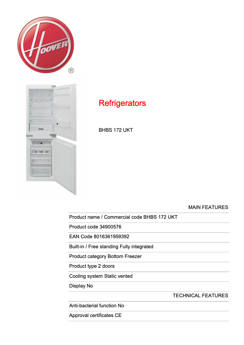 Page n°1 - Fiche technique Hoover BHBS 172 UKT