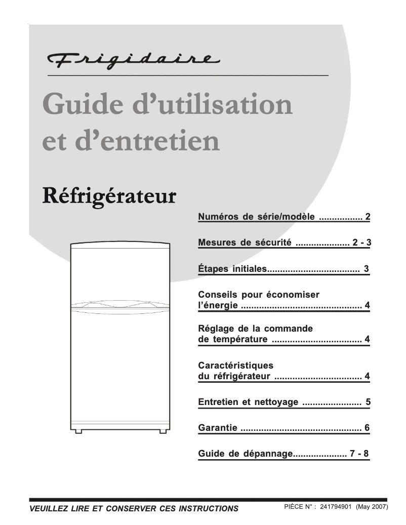 Page n°1 - Manuel utilisateur Frigidaire FRT125GW