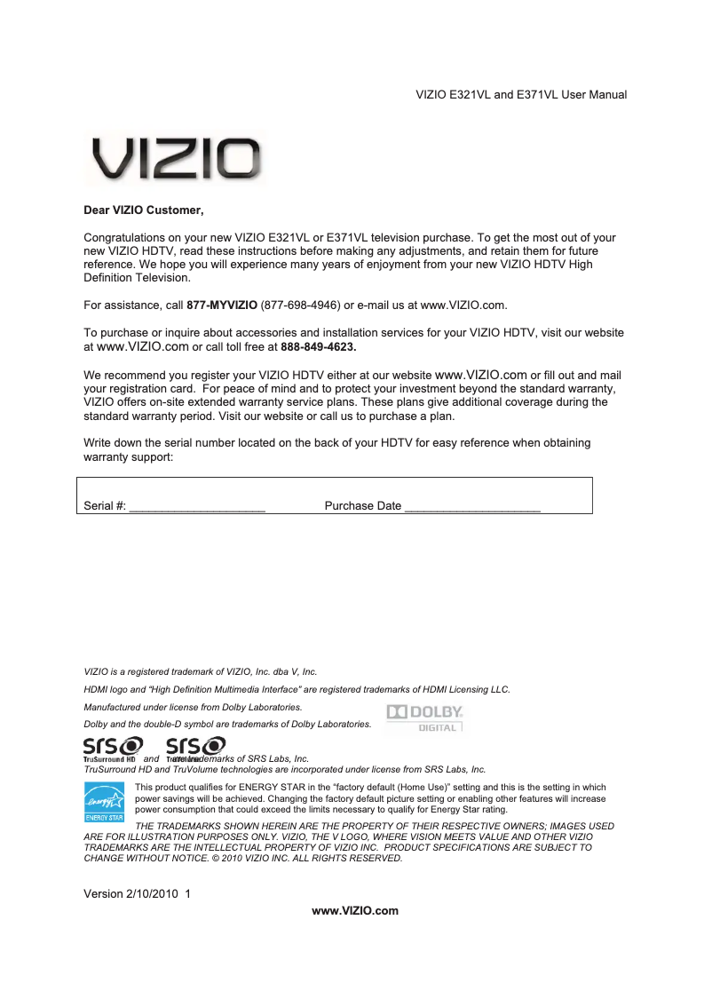 Page 1 de la notice Manuel utilisateur VIZIO E321VL
