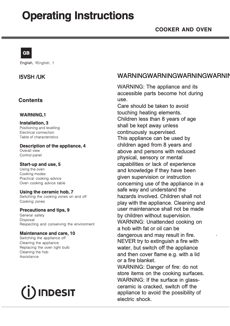 Page 1 de la notice Mode d'emploi Indesit I5VSH(K)/UK