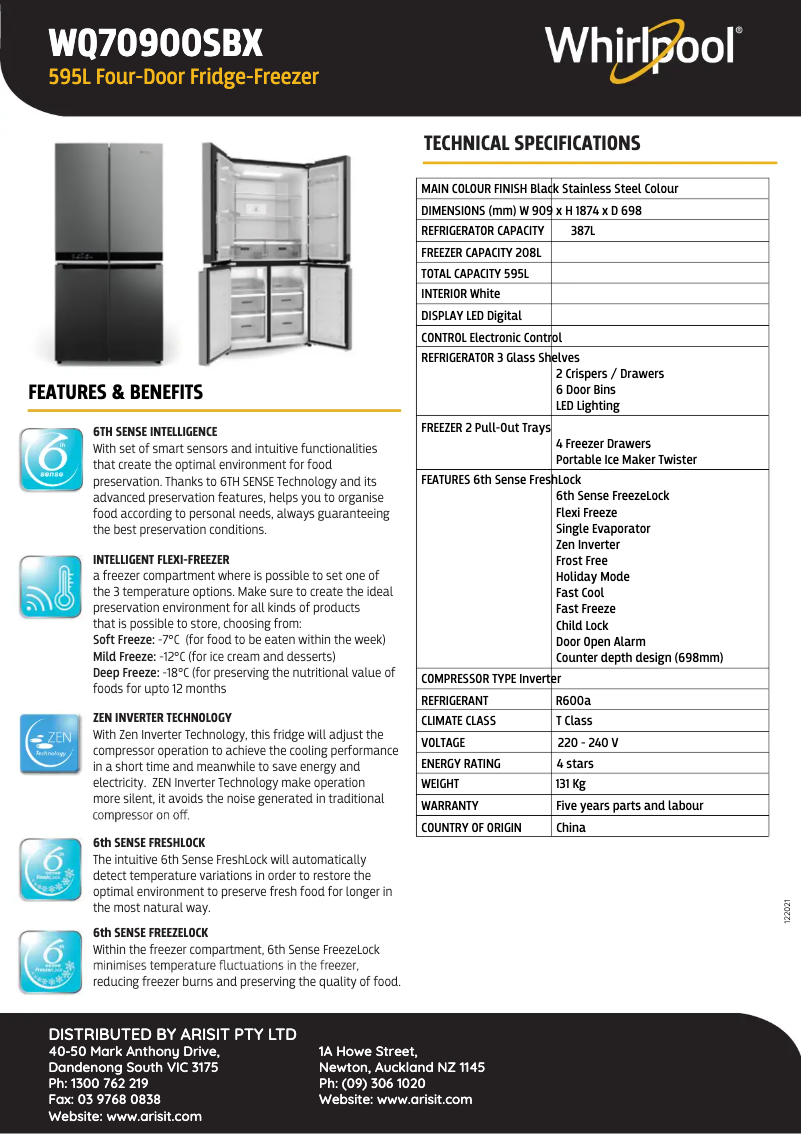 Page n°1 - Fiche technique Whirlpool WQ70900SBX