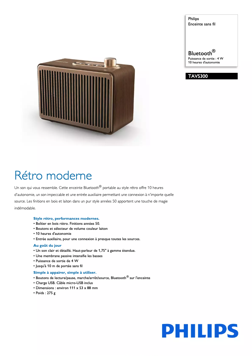 Page 1 de la notice Fiche technique Philips TAVS300