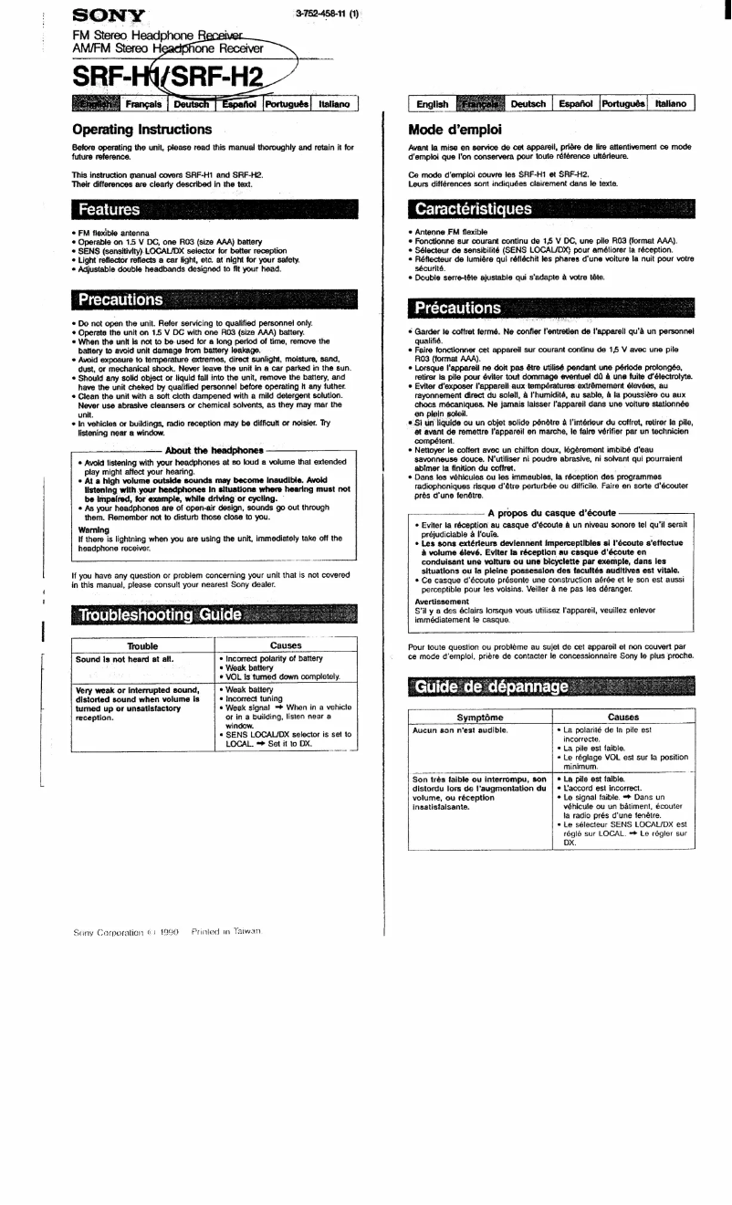 Page n°1 - Manuel utilisateur Sony SRF-H2