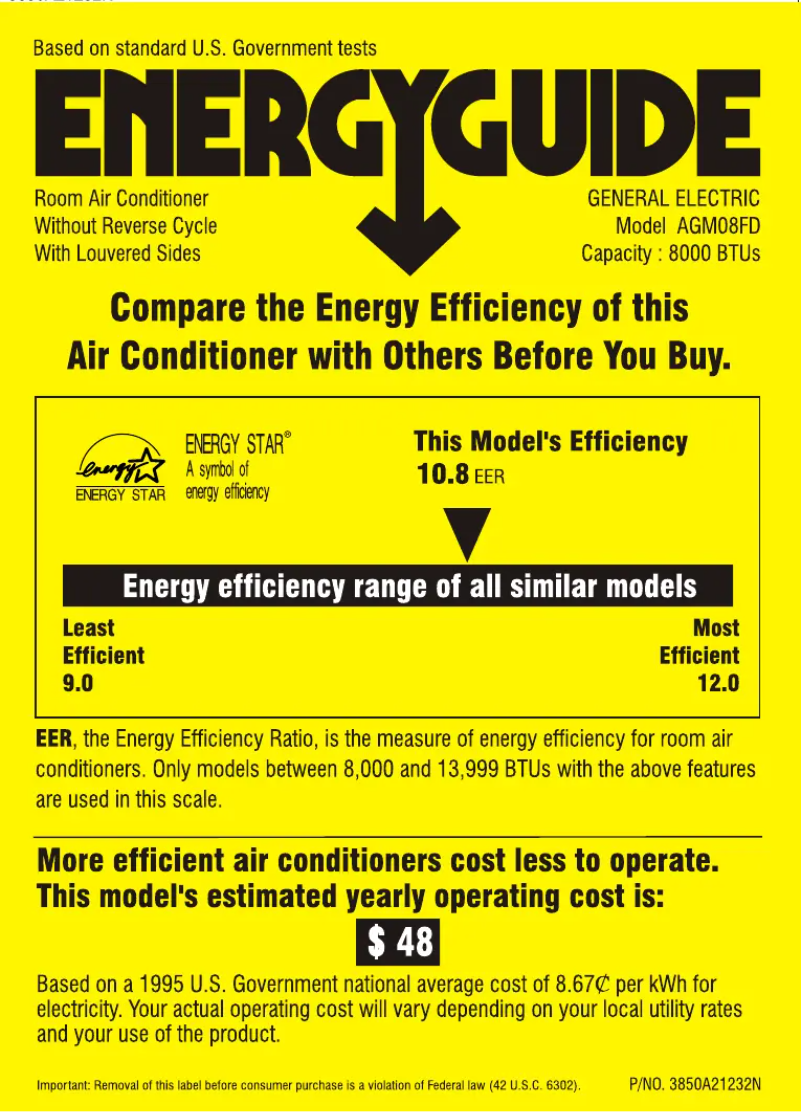 Page 1 de la notice Label énergétique GE AGM08FD