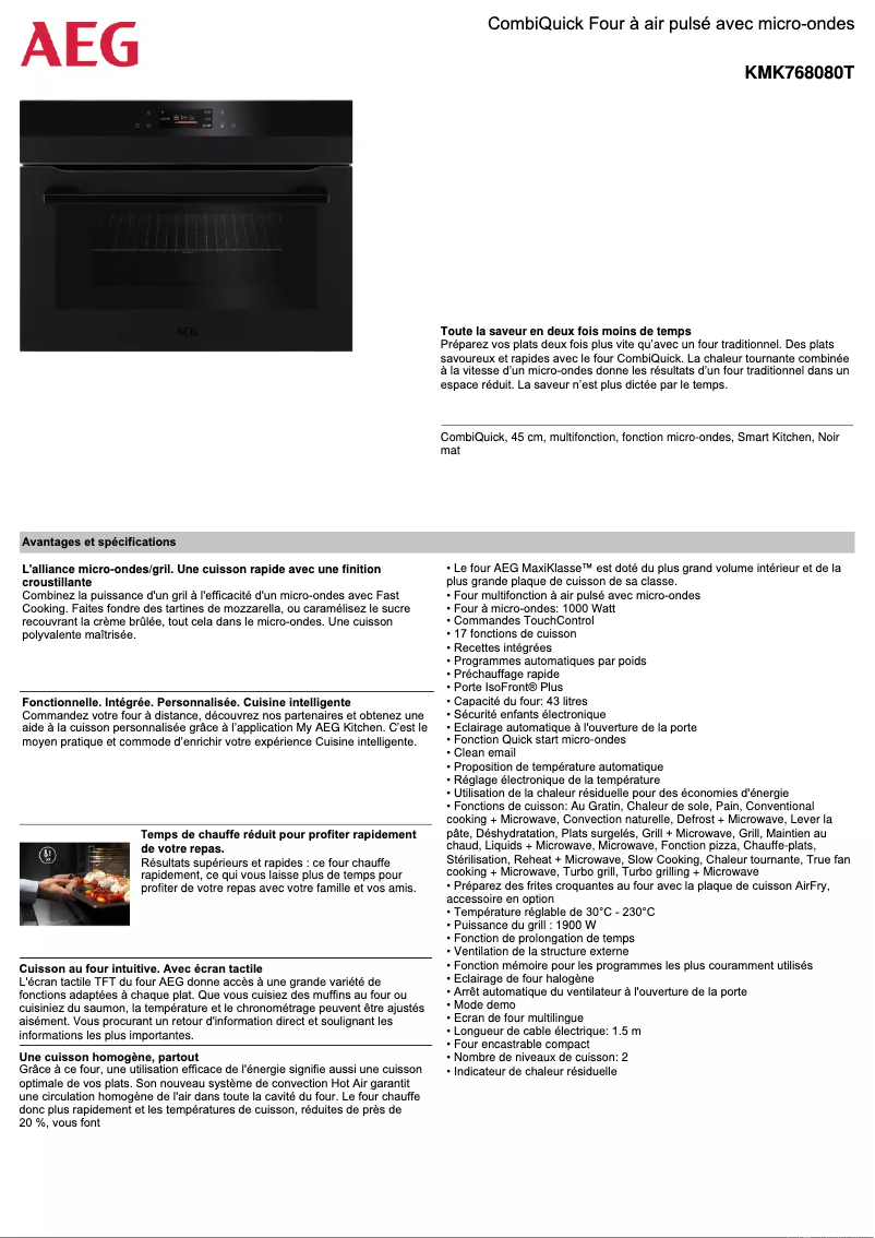 Page 1 de la notice Fiche technique AEG KMK768080T
