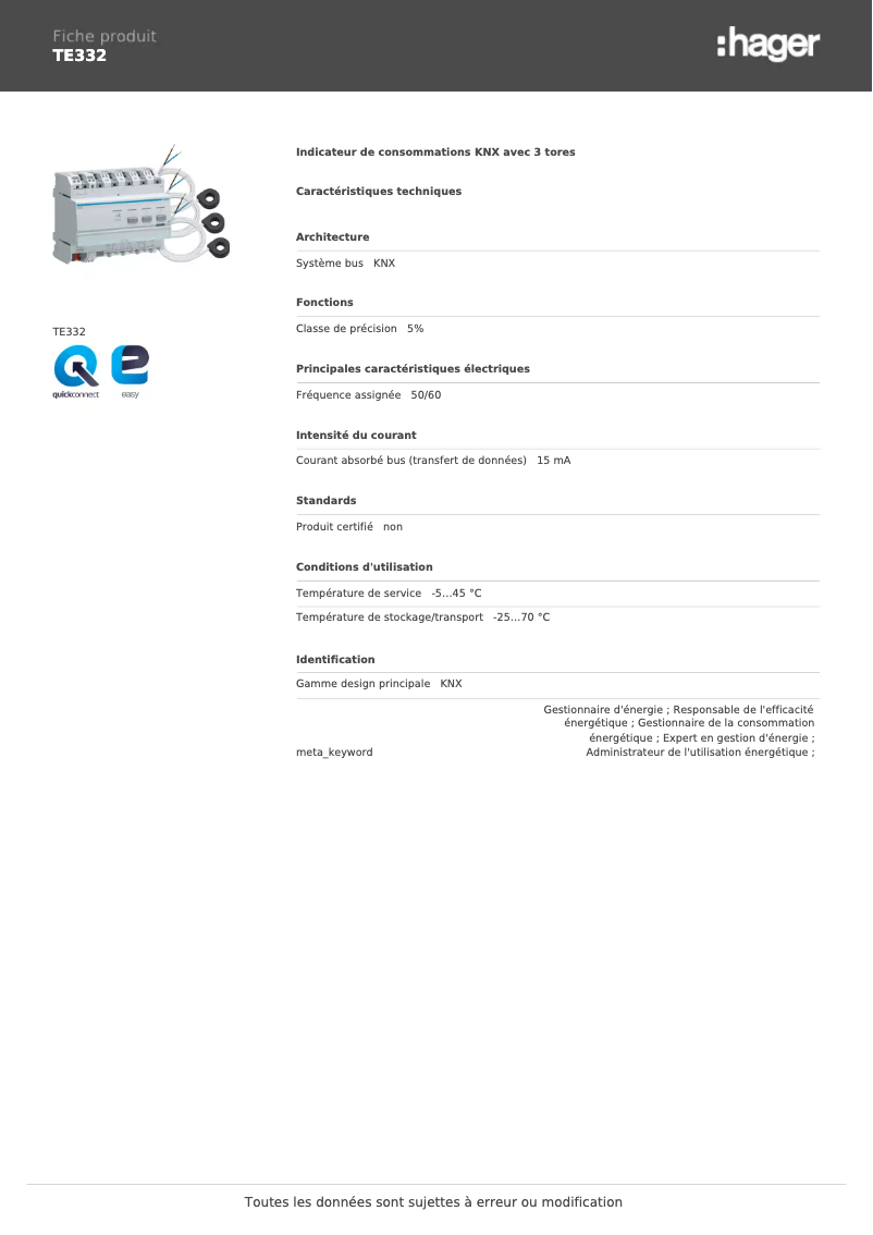 Page 1 de la notice Fiche technique Hager TE332