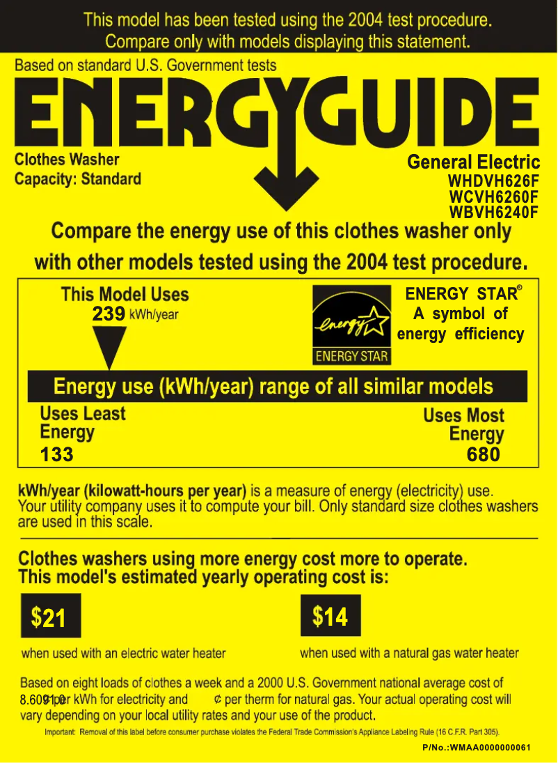 Page n°1 - Label énergétique GE WCVH6260FGG