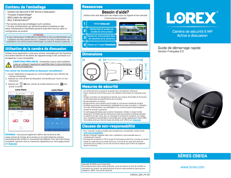 Page n°1 - Guide de démarrage rapide Lorex C581DA